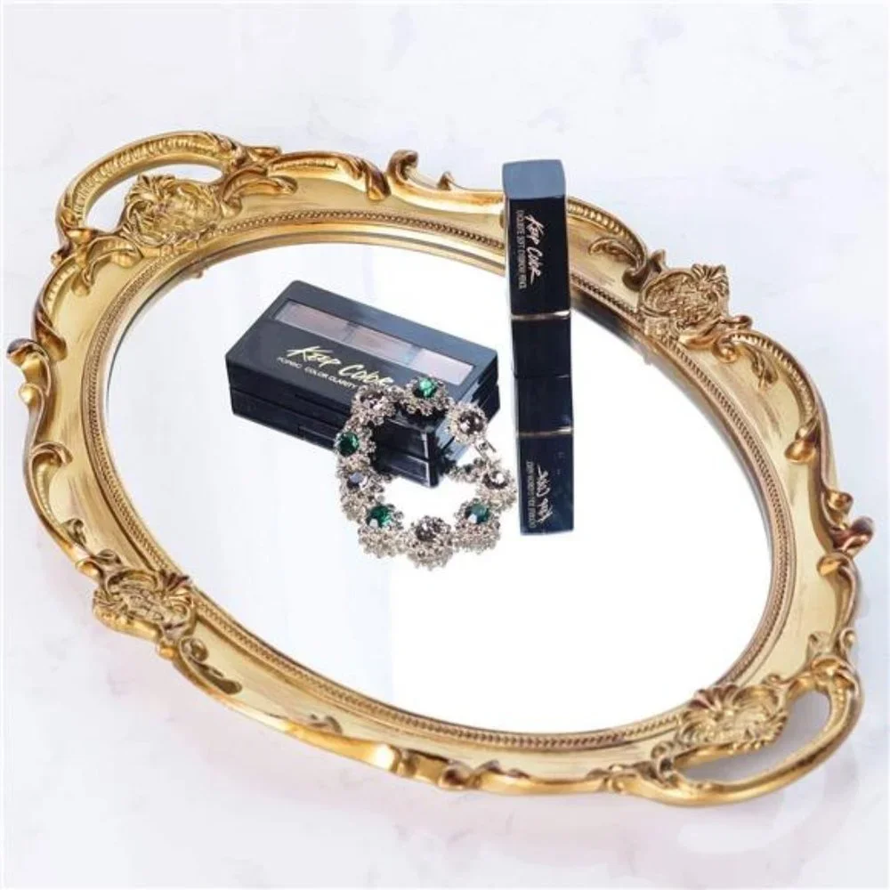 Polyresin Ellipse Antique Decorative Mirror Tray, Makeup Organizer, Jewelry